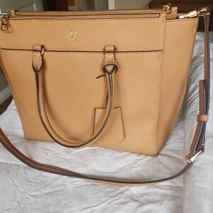 Tory Burch Tan Leather Tote with Metal Hardware